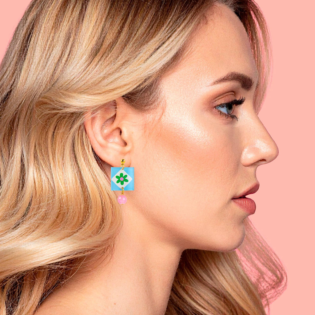 Natalie Lea Owen Blue Square/Green flower Earring
