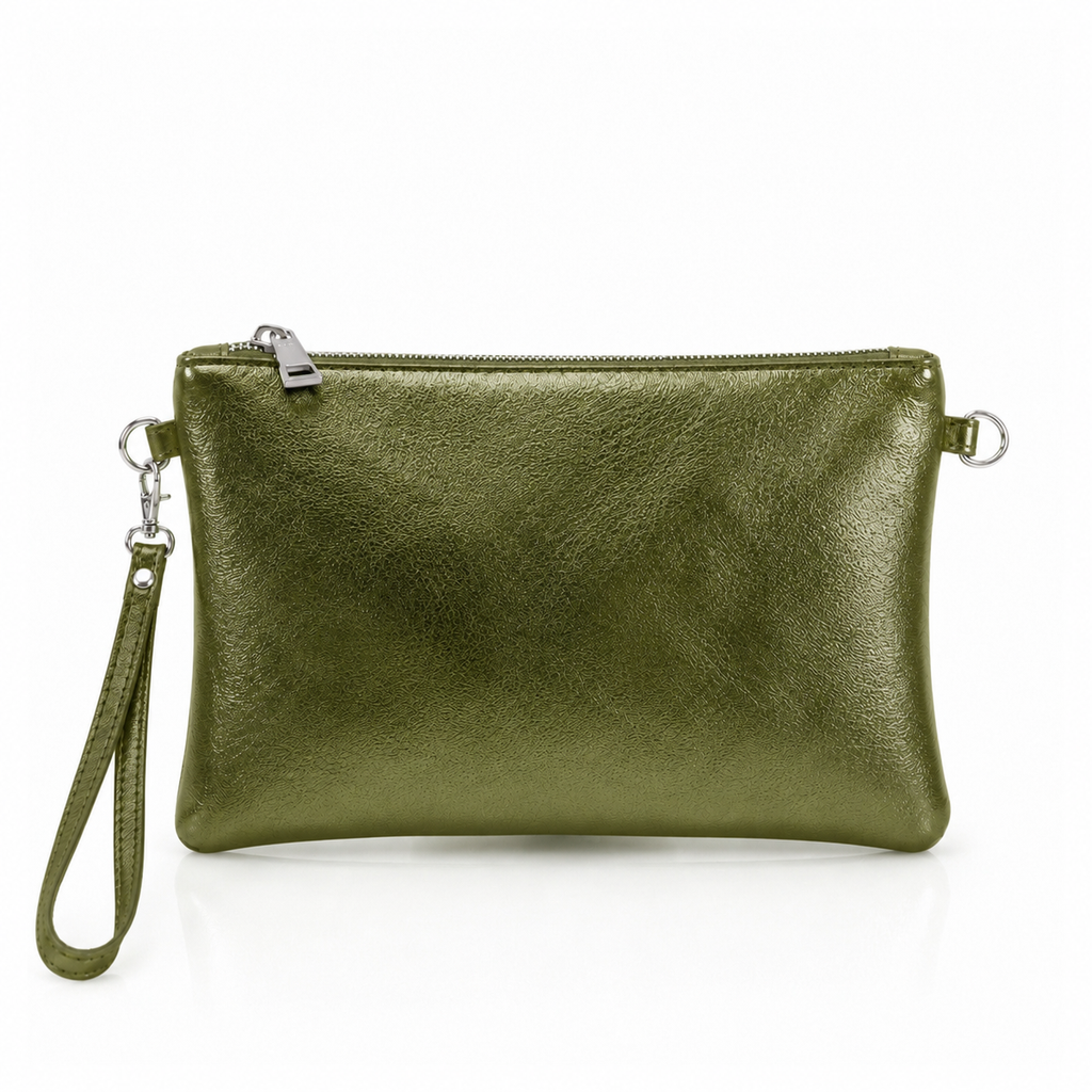 Dark Silver Italian Metallic Leather Clutch Bag