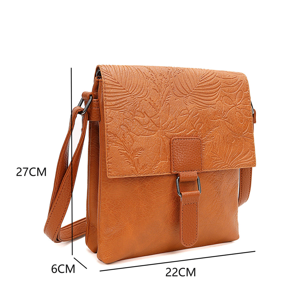 Black PU Vintage-inspired embossed floral crossbody bag