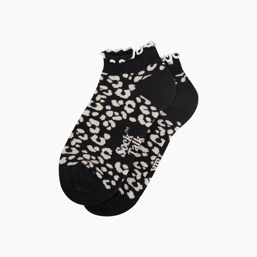 Leopard Print Frilled Combed Cotton Trainer Socks in Black: UK 3-7 | EU 36-40 | US 5-9