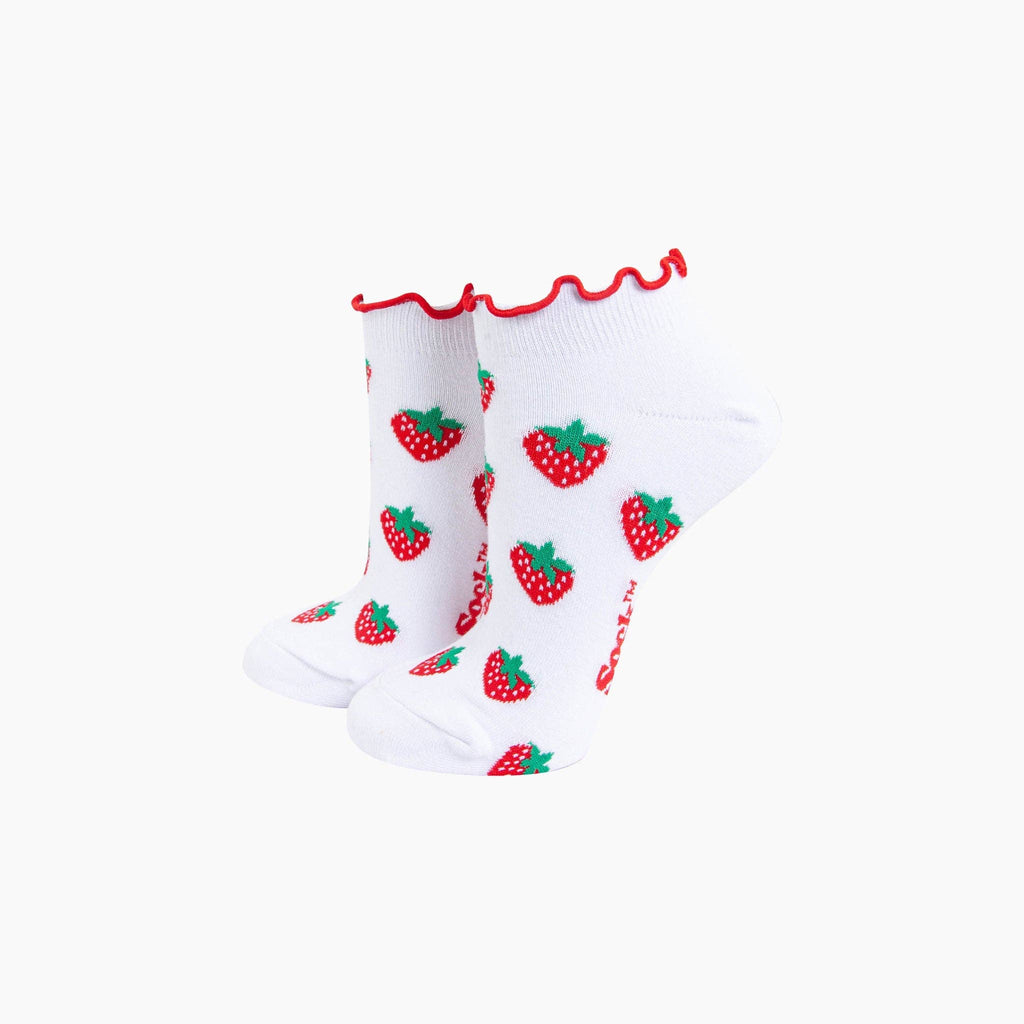 Strawberry Frilled Cuff Combed Cotton Trainer Socks in White: UK 3-7 | EU 36-40 | US 5-9