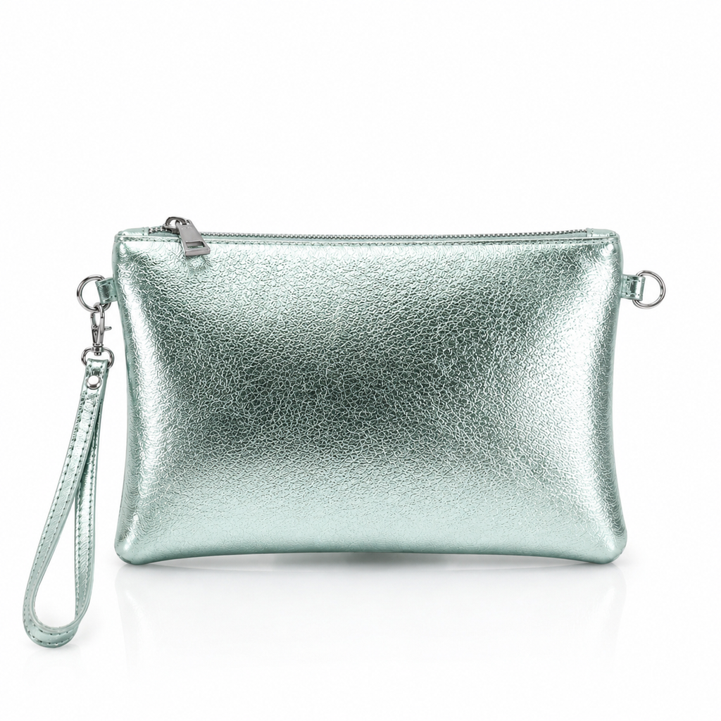Silver Italian Metallic Leather Clutch Bag