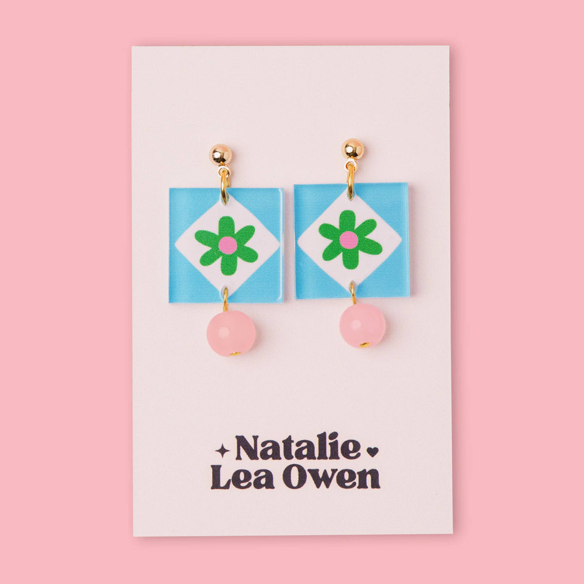 Natalie Lea Owen Blue Square/Green flower Earring