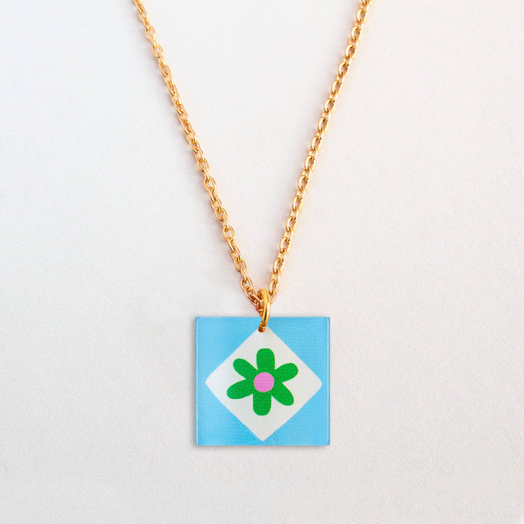 Natalie Lea Owen Blue Square/Green flower Necklace