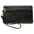 Real Leather Double Zipper Clutch Bag with Wristband- 2407: Black