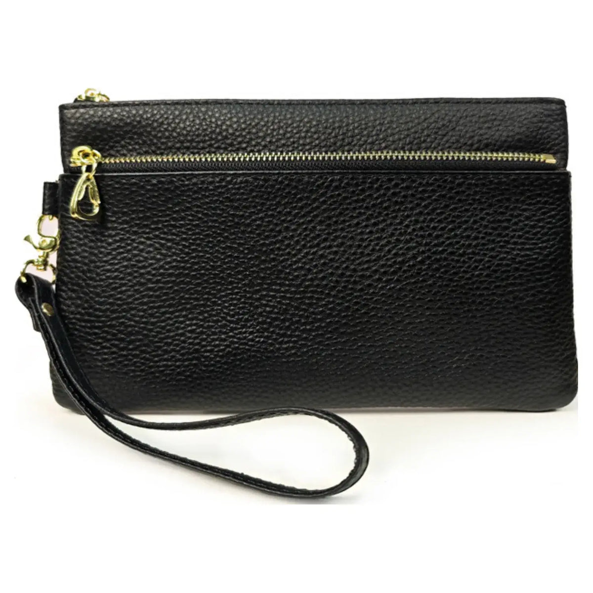 Real Leather Double Zipper Clutch Bag with Wristband- 2407: Black