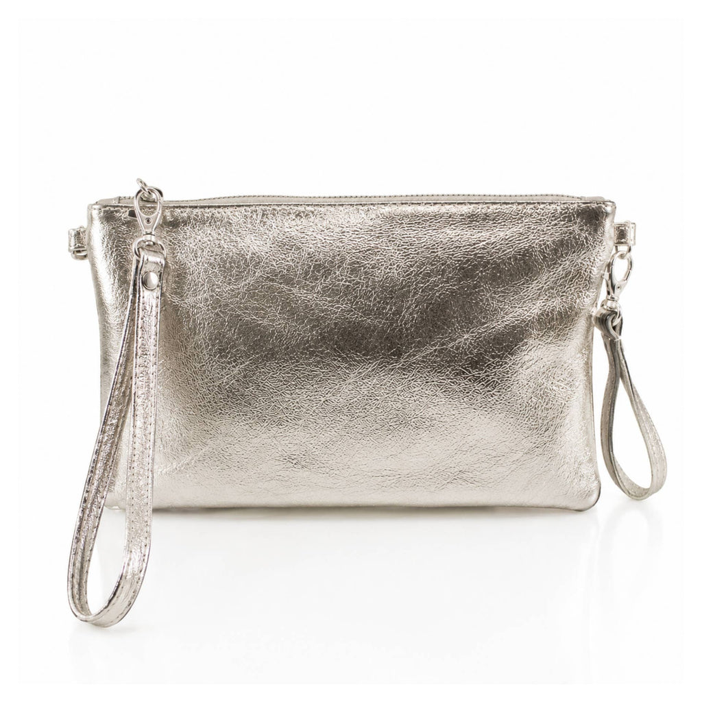 Dark Silver Italian Metallic Leather Clutch Bag