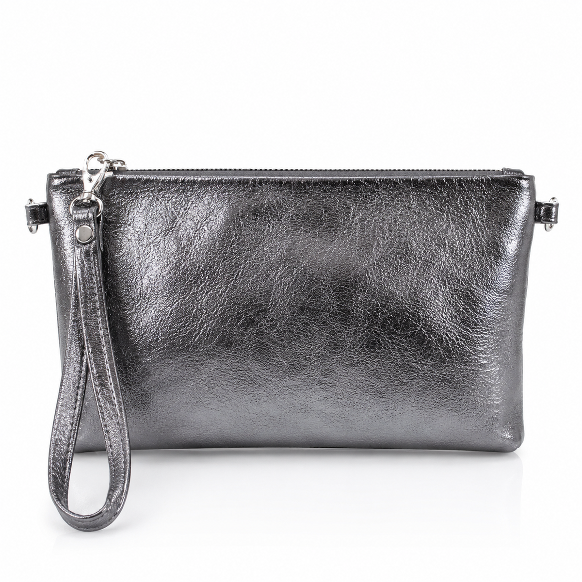 Dark Silver Italian Metallic Leather Clutch Bag