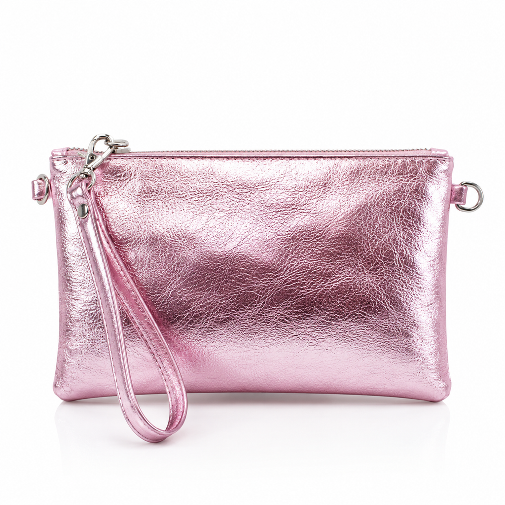 Dark Silver Italian Metallic Leather Clutch Bag