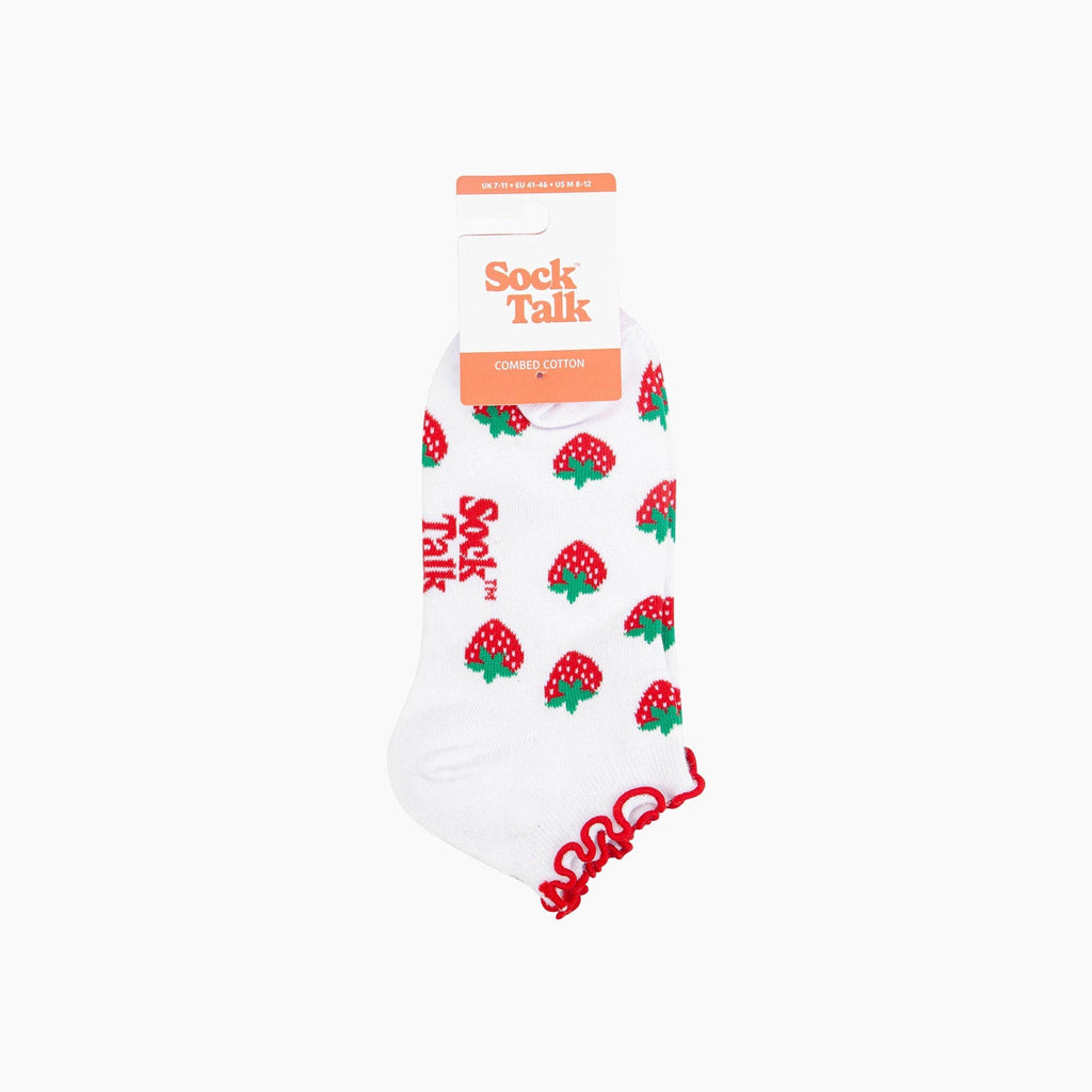 Strawberry Frilled Cuff Combed Cotton Trainer Socks in White: UK 3-7 | EU 36-40 | US 5-9