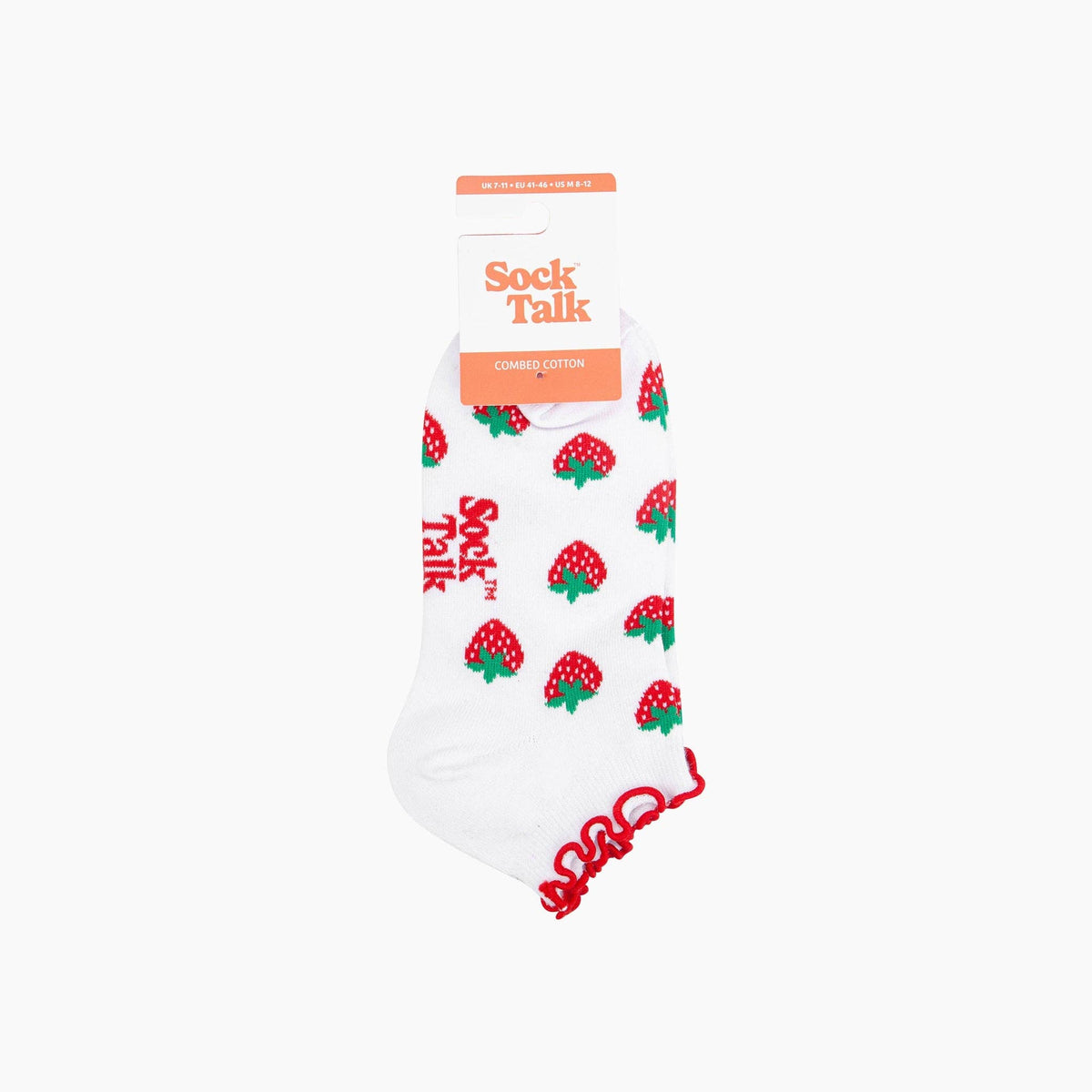 Strawberry Frilled Cuff Combed Cotton Trainer Socks in White: UK 3-7 | EU 36-40 | US 5-9
