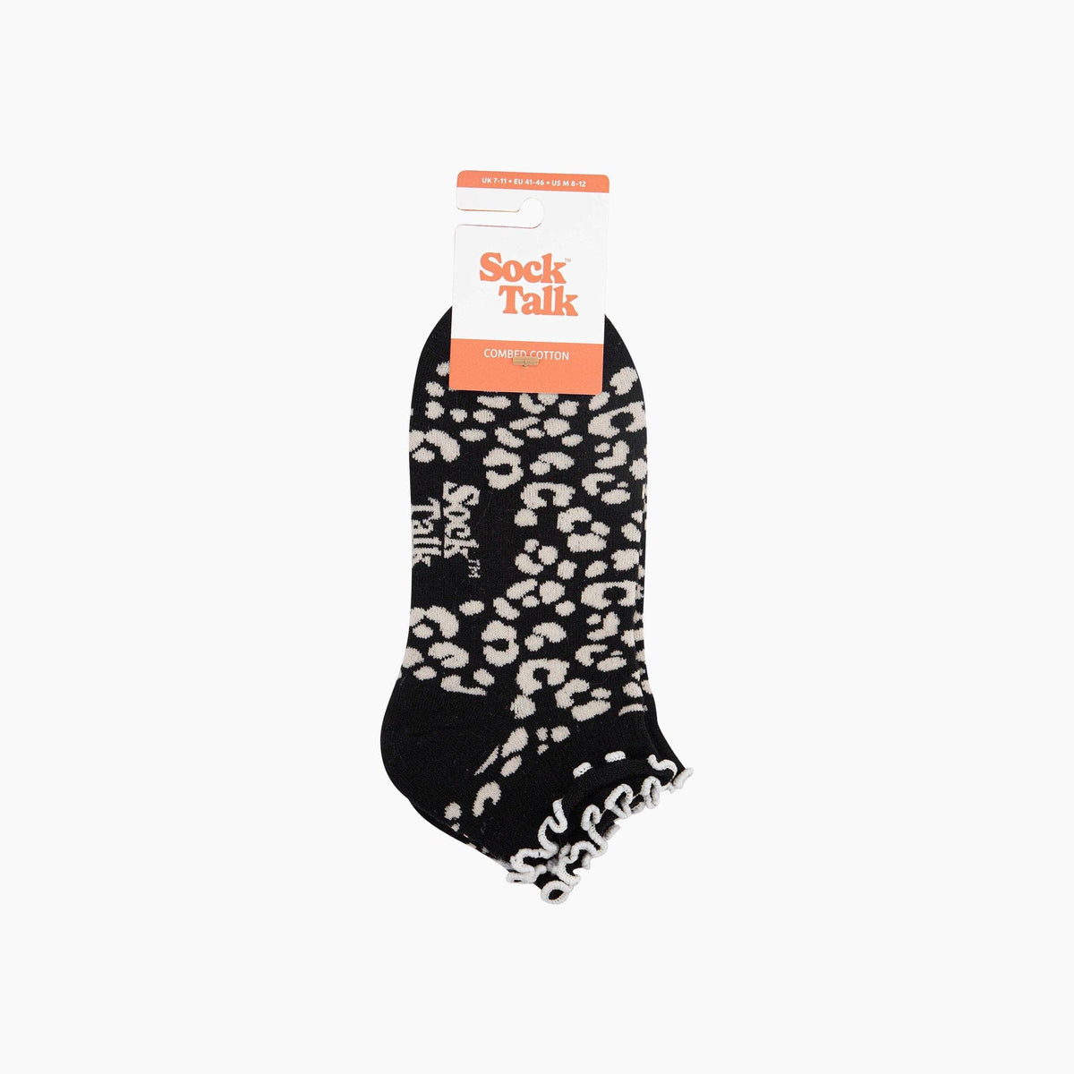Leopard Print Frilled Combed Cotton Trainer Socks in Black: UK 3-7 | EU 36-40 | US 5-9
