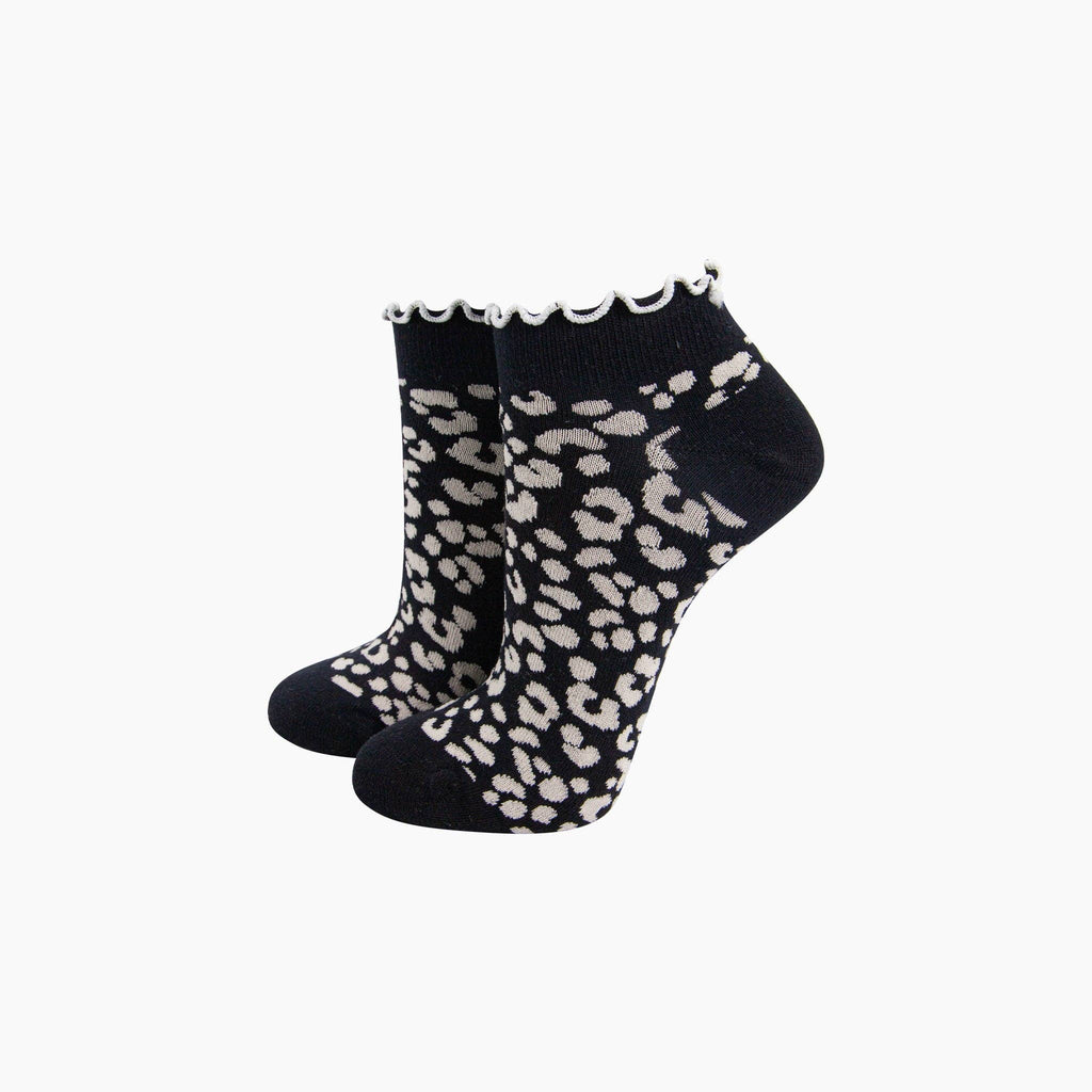 Leopard Print Frilled Combed Cotton Trainer Socks in Black: UK 3-7 | EU 36-40 | US 5-9
