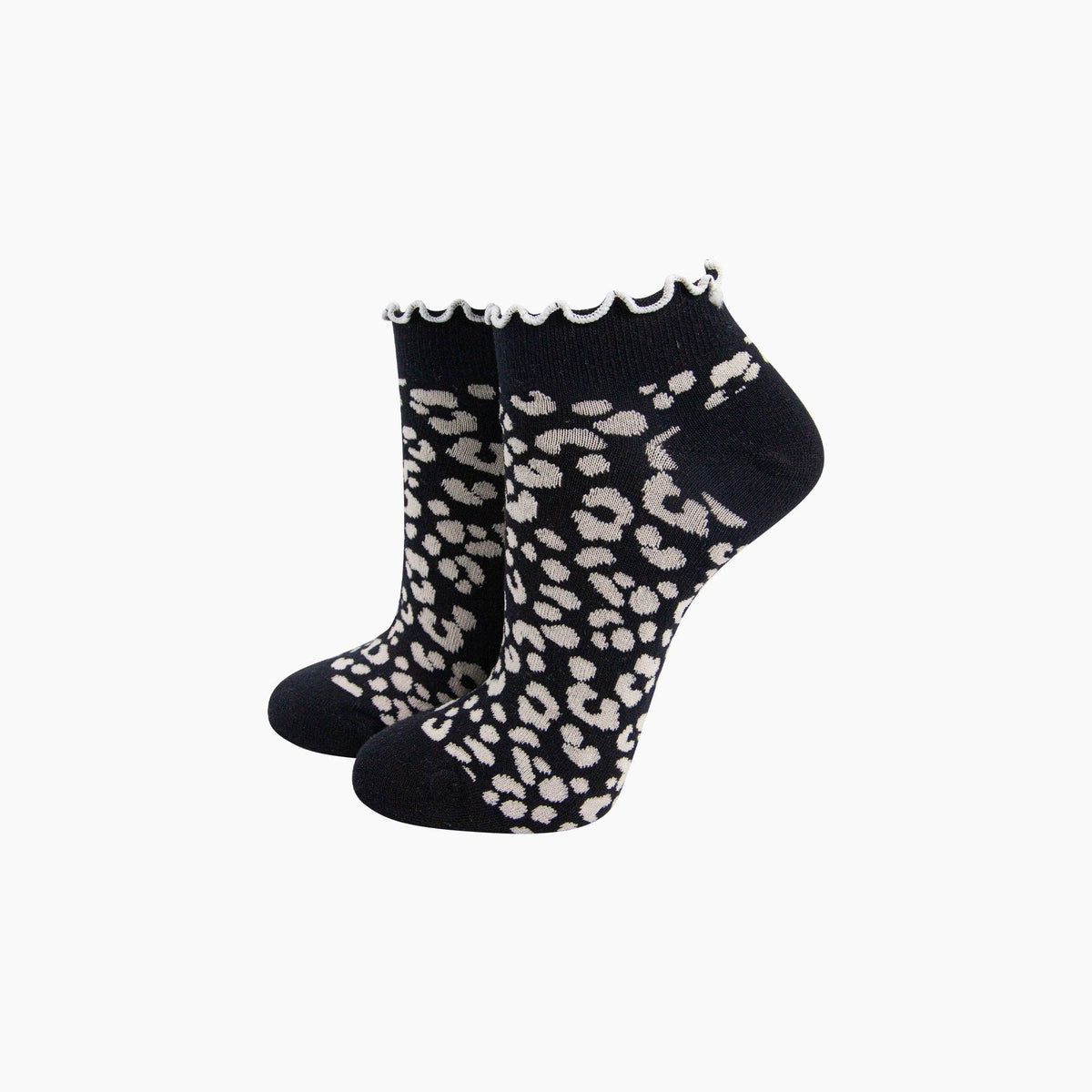 Leopard Print Frilled Combed Cotton Trainer Socks in Black: UK 3-7 | EU 36-40 | US 5-9
