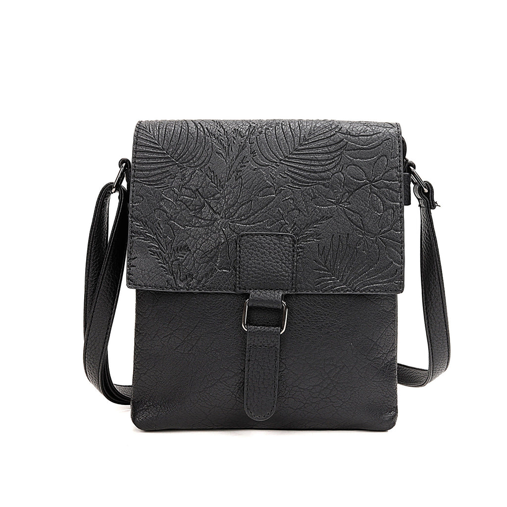 Black PU Vintage-inspired embossed floral crossbody bag