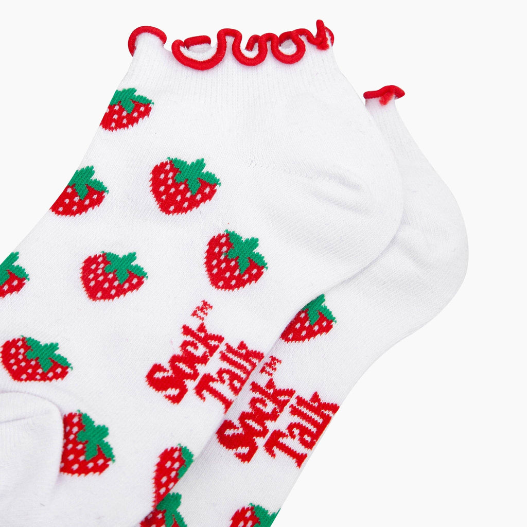 Strawberry Frilled Cuff Combed Cotton Trainer Socks in White: UK 3-7 | EU 36-40 | US 5-9