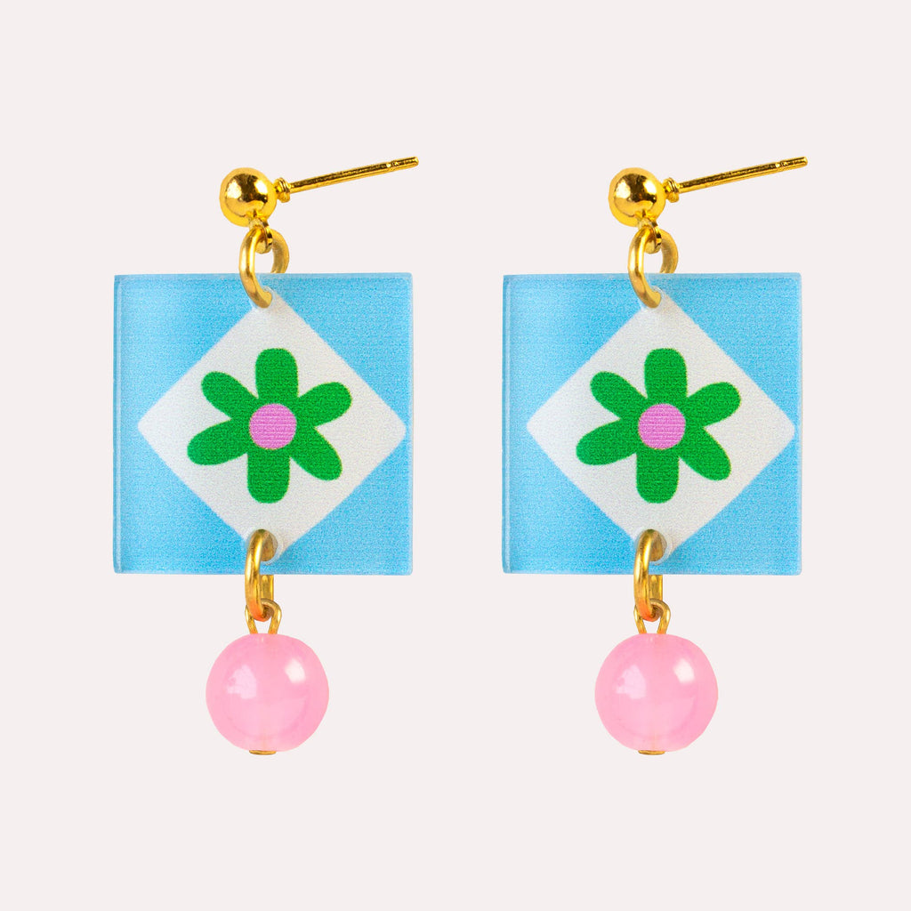 Natalie Lea Owen Blue Square/Green flower Earring