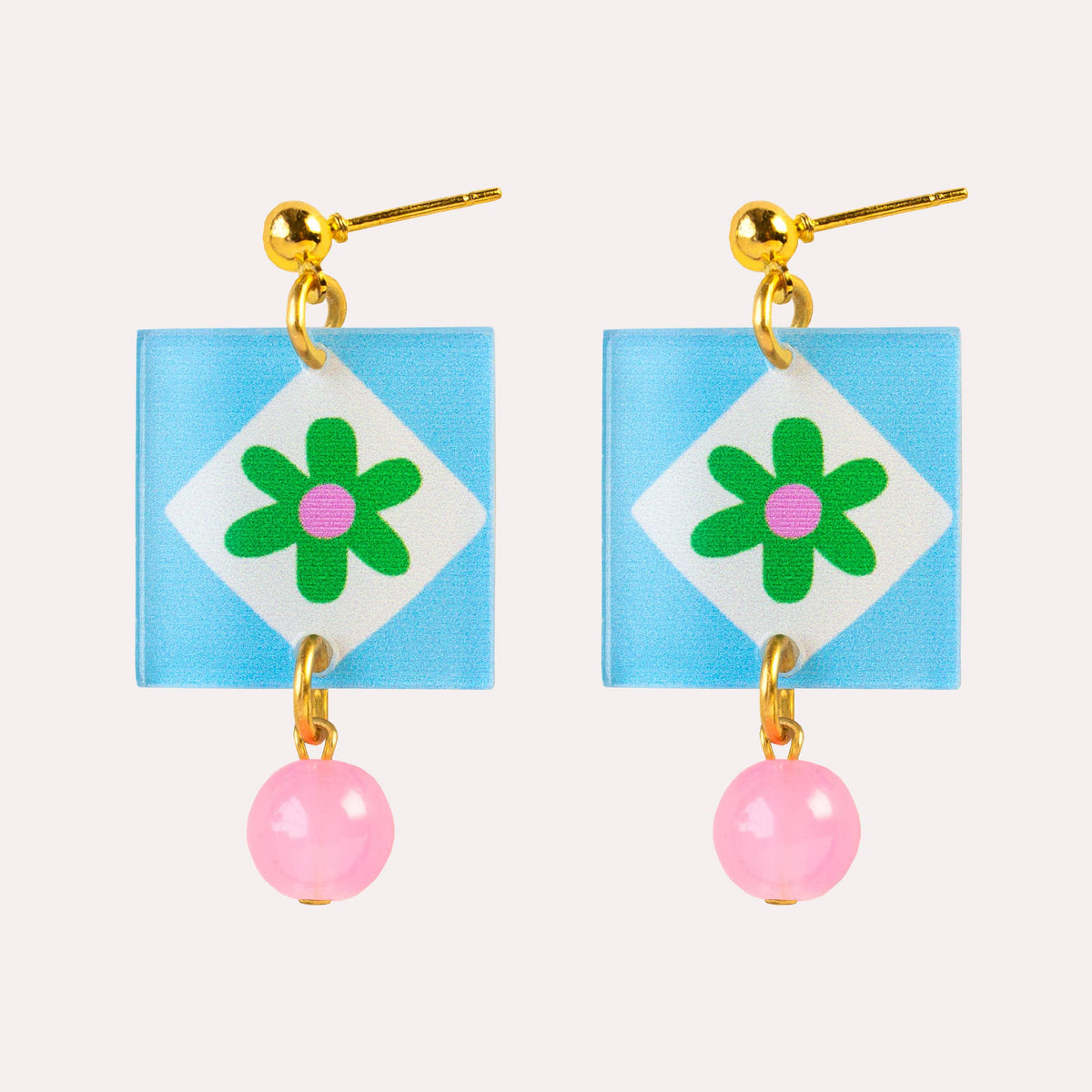 Natalie Lea Owen Blue Square/Green flower Earring