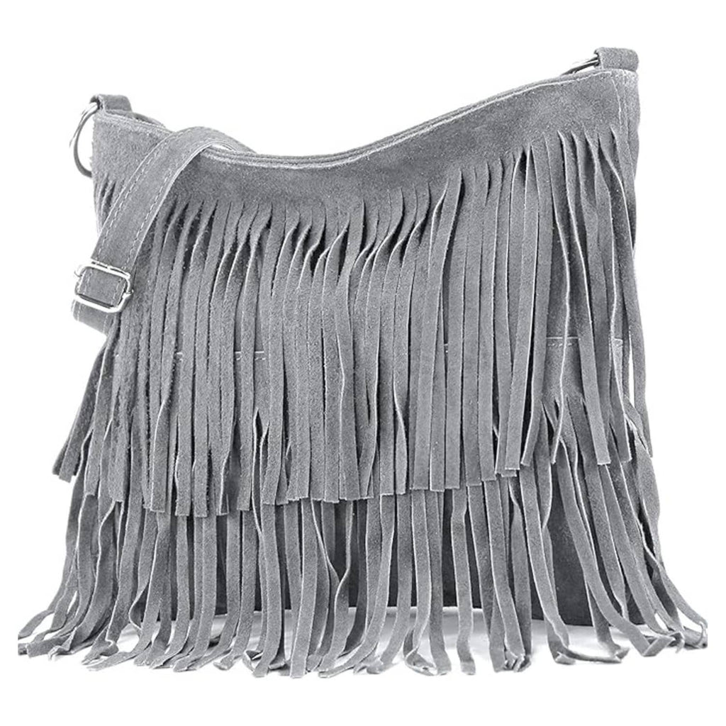 Dark grey Italian Leather Tassle Crossbody Bag