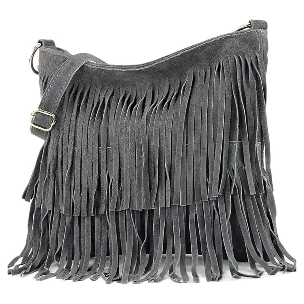 Dark grey Italian Leather Tassle Crossbody Bag