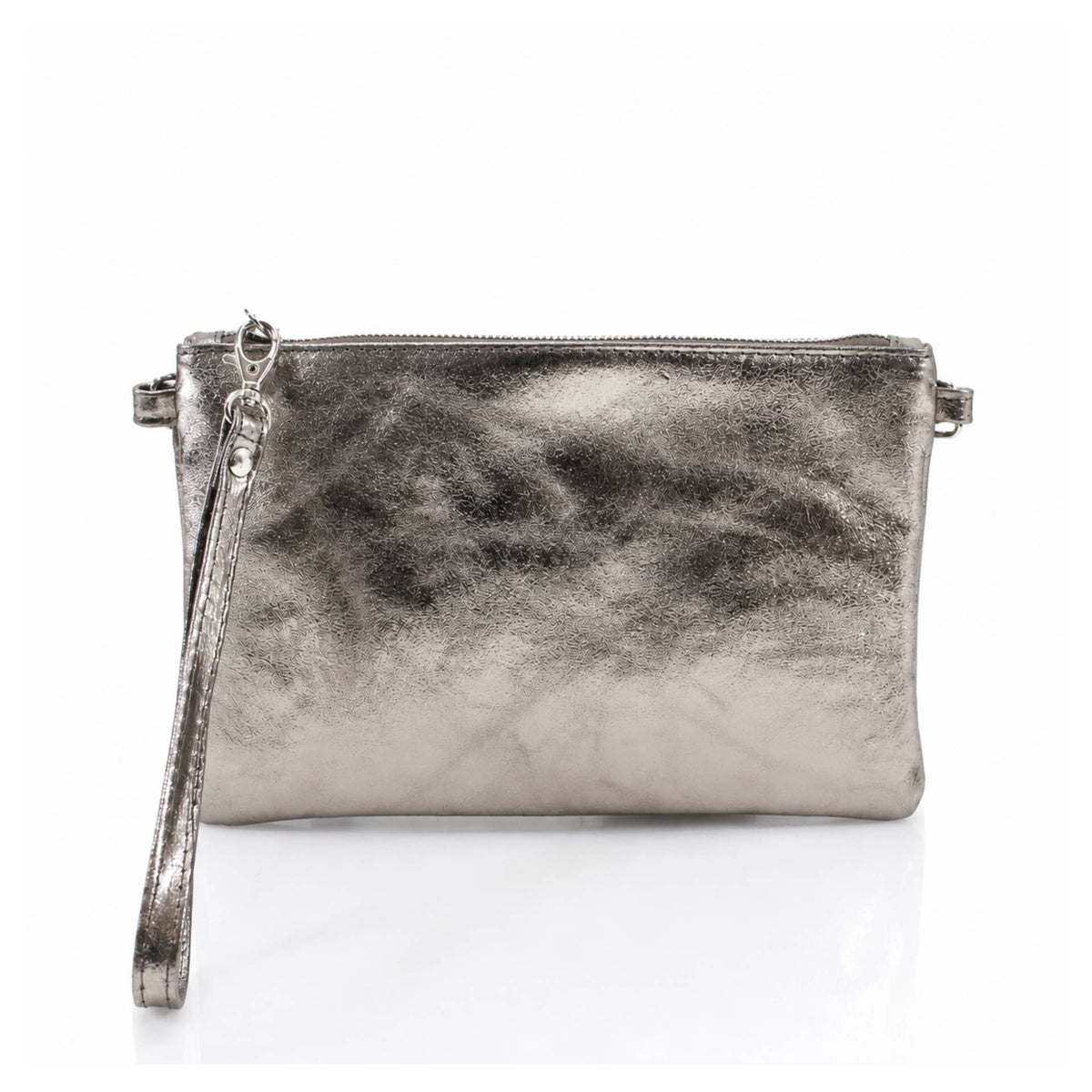 Dark Silver Italian Metallic Leather Clutch Bag